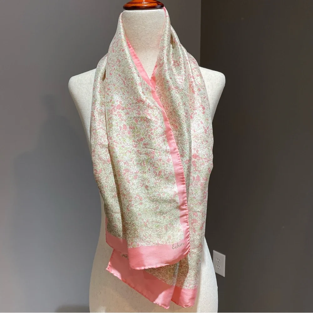 Echo 100% Silk Scarf 15x46 Rectangular Pink Cream Green Dainty and Feminine